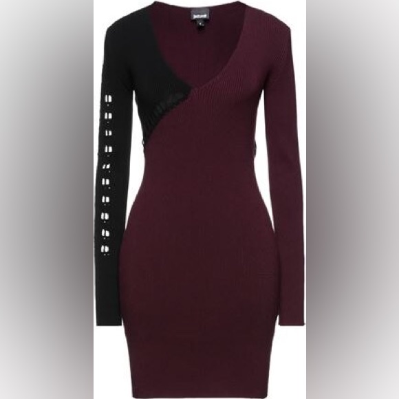 Just Cavalli Knit Black And Burgundy Dress With Arm And Waist Design Sz M
